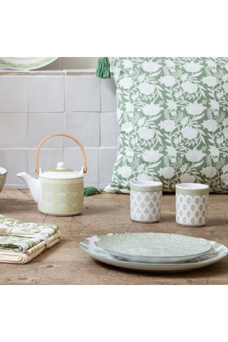 2 tazze e 1 teiera in porcellana e legno Soliman