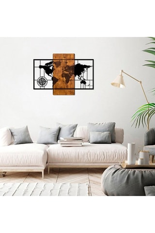 Adorno mural World Map With Compass - Natural y negro