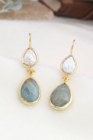 Oorbellen - Doublé geelgoud, amazoniet en cultivéparels