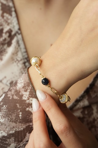 Armband - Doublé Geelgoud, Onyx en Cultivéparels