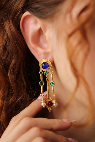 Oorbellen - Verguld Metaal - Parel, Lapis Lazuli en Malachiet