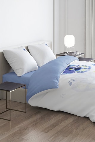 Parure de couette en satin de coton 200 fils/cm² Pansy - Bleu et blanc