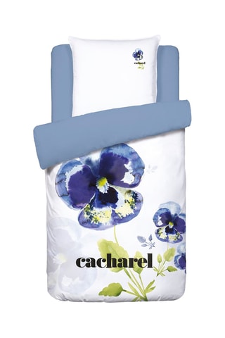 Parure de couette en satin de coton 200 fils/cm² Pansy - Bleu et blanc