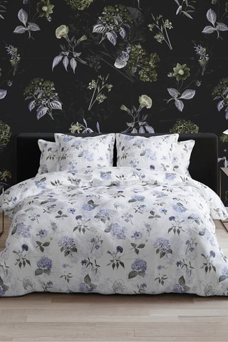 Parure de couette en satin de coton 200 fils/cm² Fleurs Passion - Blanc et bleu