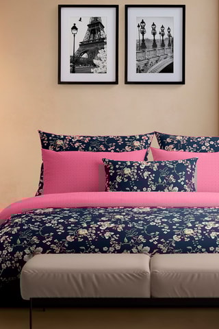 Parure de couette en satin de coton 80 fils/cm² Jardin secret - Bleu foncé et rose