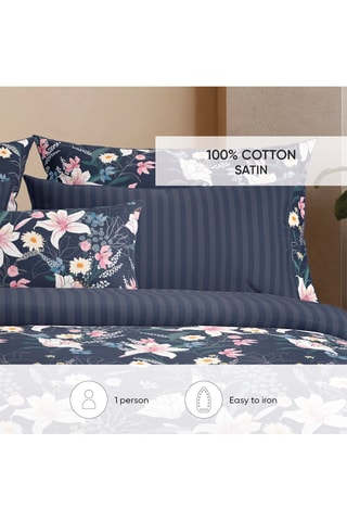 Parure de couette en satin de coton 80 fils/cm² Fleur de minuit - Bleu foncé