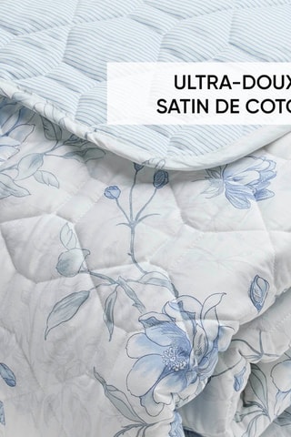 Drap plat en satin de coton 80 fils/cm² Fleurs azurées - Bleu