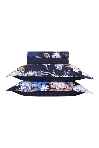 Parure de draps en satin de coton 80 fils/cm² Bouquet d'Hortensias - Bleu nuit et beige