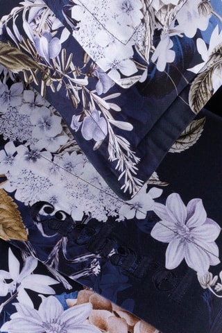 Parure de draps en satin de coton 80 fils/cm² Bouquet d'Hortensias - Bleu nuit et beige