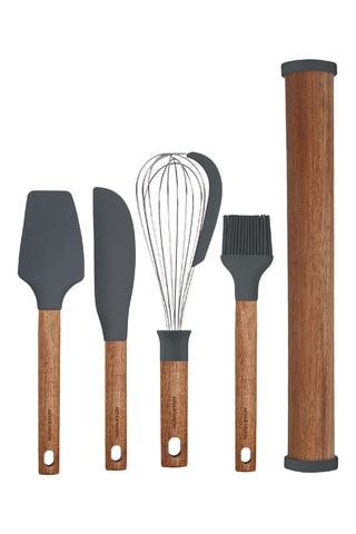 5 utensílios em madeira de acácia e silicone