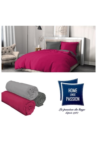 Juego de nórdico y 3 sábanas bajeras de algodón 57 hilos/cm² - Fucsia y gris oscuro