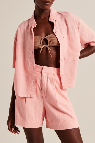 Short en lin taille haute - Rose