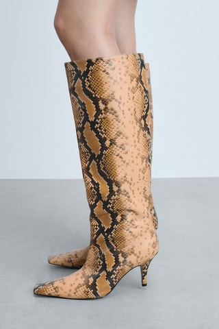 Bottes hautes cuir en imprimé serpent - Beige