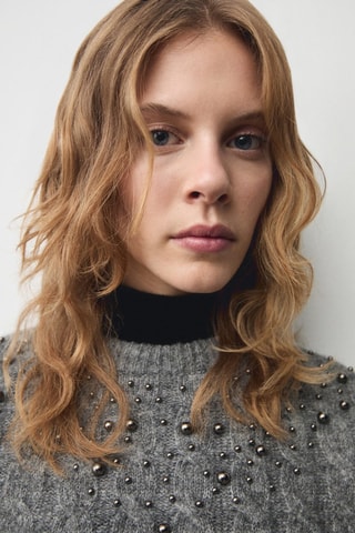 Pull-over torsades détail perles - Gris