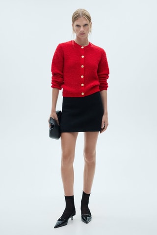 Cardigan maille bouclette boutons bijoux - Rouge