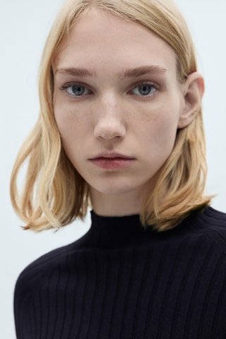 Pull-over côtelé col montant - Bleu marine