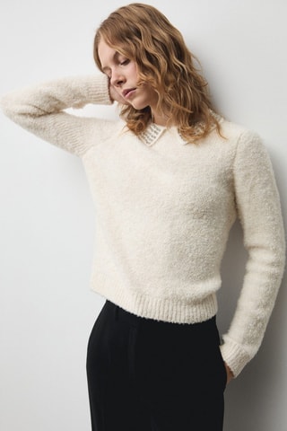 Pull-over col polo strass - Ecru