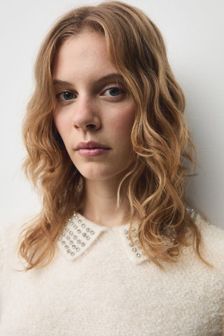 Pull-over col polo strass - Ecru