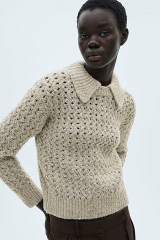 Pull-over maille ajourée col polo - Sable