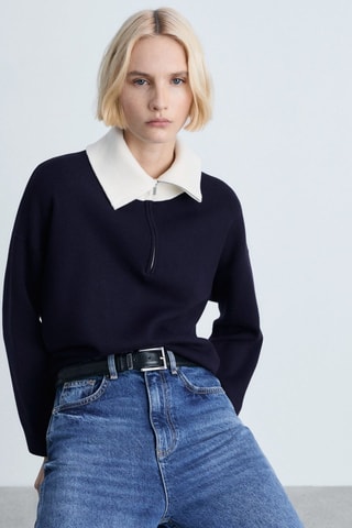 Pull maille col contrasté - Bleu marine