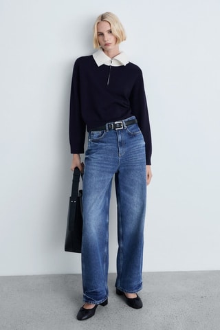 Pull maille col contrasté - Bleu marine