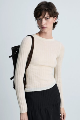 Pull-over maille côtelée col rond - Blanc cassé