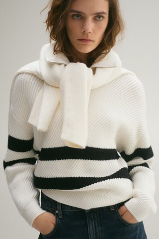 Pull-over maille côtelée rayures - Ecru