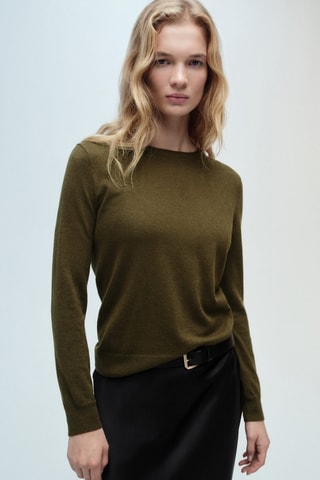 Pull-over laine mélangée col rond - Kaki