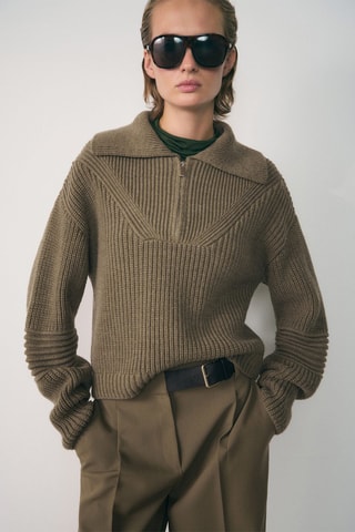 Pull-over maille côtelée col zippé - Kaki