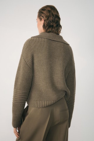 Pull-over maille côtelée col zippé - Kaki