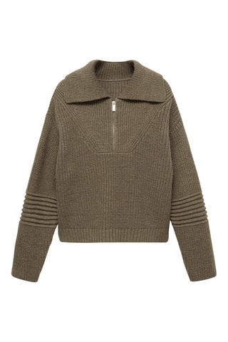 Pull-over maille côtelée col zippé - Kaki