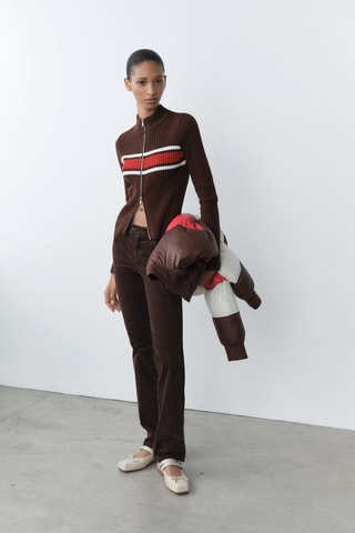 Cardigan maille côtelée empiècement contrastant - Marron