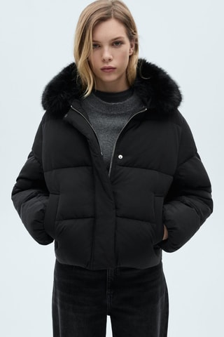 Anorak court matelassé col en imitation fourrure - Noir