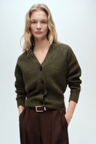 Cardigan maille côtelée col V - Kaki