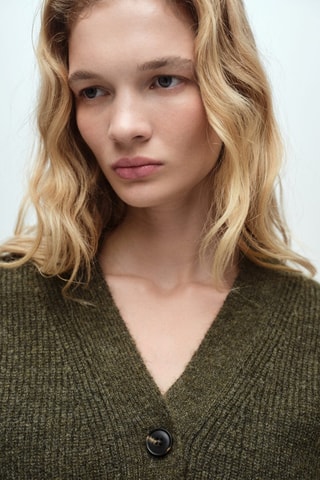 Cardigan maille côtelée col V - Kaki