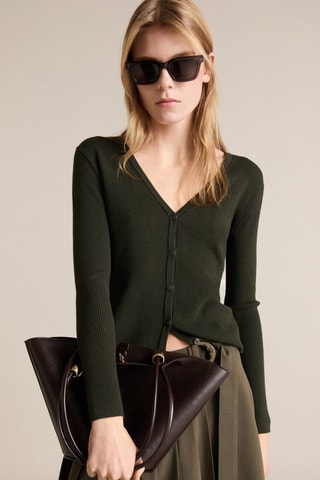 Cardigan maille col V - Kaki