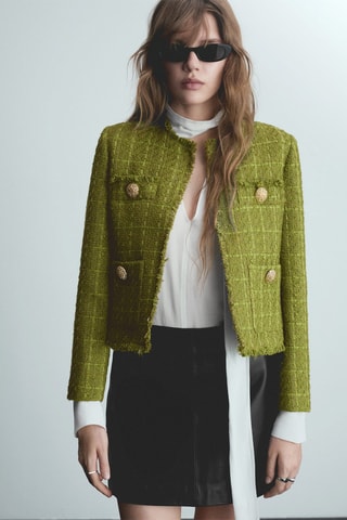 Veste tweed boutons bijoux - Olive