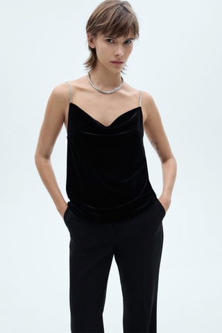 Top velours bretelles strass - Noir