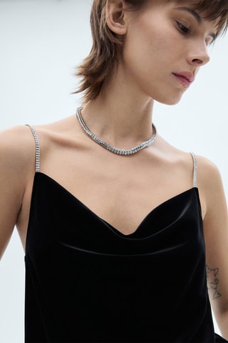 Top velours bretelles strass - Noir