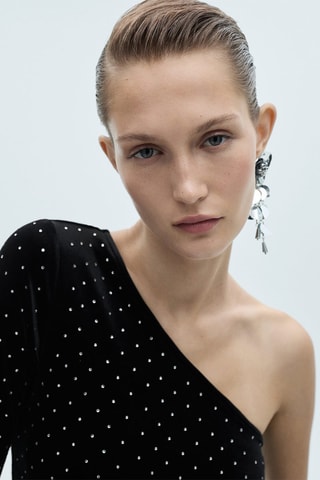 Top velours asymétrique strass - Noir