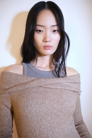 Robe maille épaules dénudées - Beige