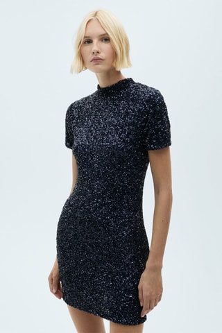 Robe paillettes manches courtes - Bleu nuit