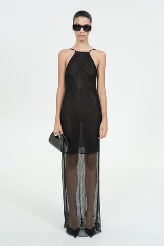 Robe maille filet détail strass - Noir