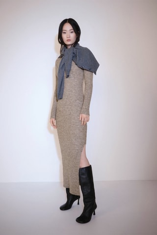 Robe fendue maille côtelée - Marron