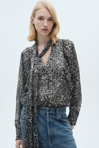 Chemisier imprimé animal avec nœud au col - Noir