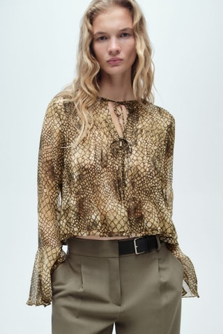 Chemise imprimée manches bouffantes - Marron