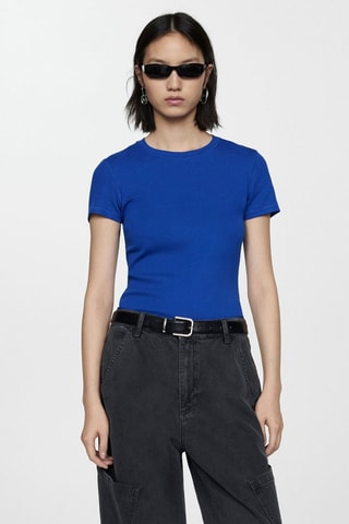 T-shirt manches courtes maille côtelée - Bleu