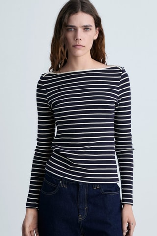 T-shirt rayures col bateau - Bleu marine