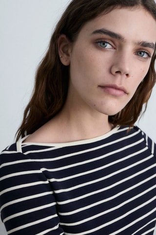 T-shirt rayures col bateau - Bleu marine