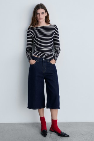 T-shirt rayures col bateau - Bleu marine